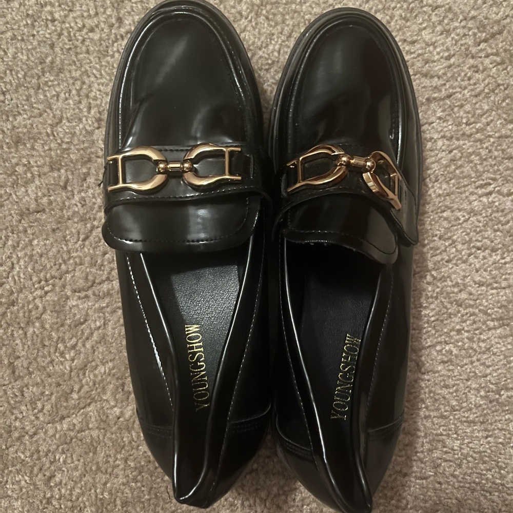 Black Loafers with Gold Buckle